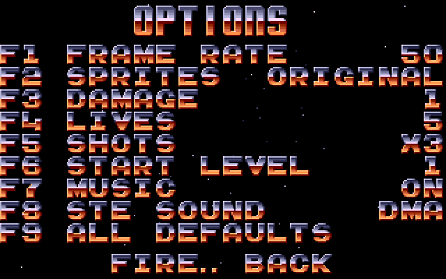 The options screen